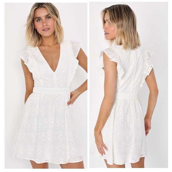 Lulus Flirtatious in Florence White Ruffled Eyelet Cotton Mini Dress Size Medium - Picture 1 of 8